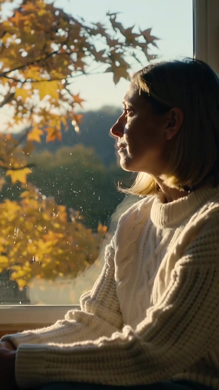 Vertical video: Sun nudging woman turning at home window, seeing tree, sweater, specks, copy space