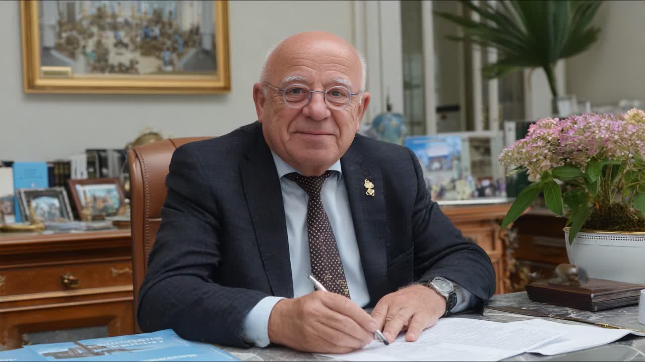A Distinguished Individual Engaged in Thoughtful Reflection at a Desk Surrounded by Personal Mementos and Inspirational Décor