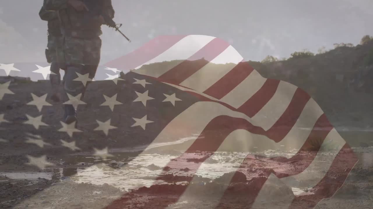 Animation of flag of usa over midsection of caucasian soldiers with armour