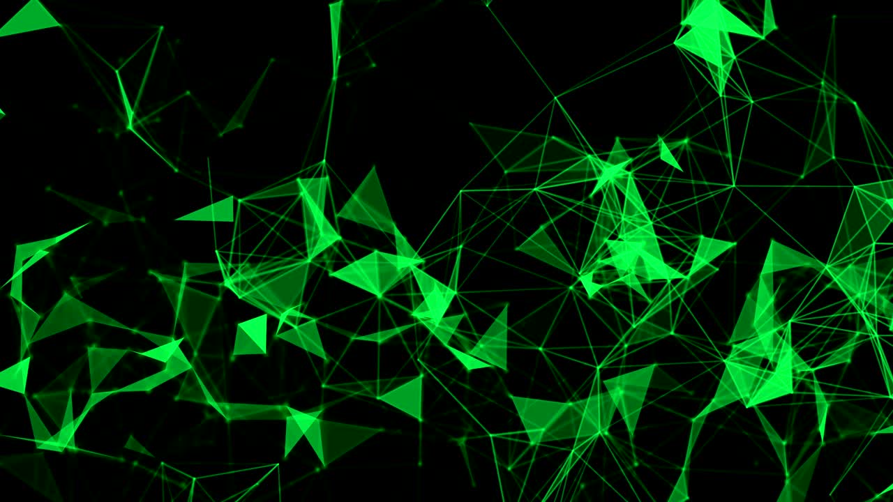 datos digitales verdes y líneas triangulares de conexión a la red para el concepto de tecnología en fondo negro, ilustración abstracta