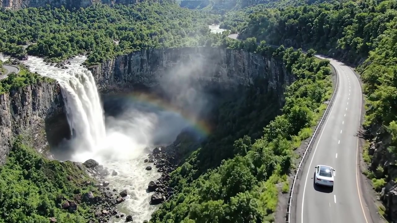 Una vista panoramica mozzafiato di una maestosa cascata circondata da una vegetazione lussureggiante e una strada serpeggiante, che cattura la bellezza e la tranquillità della natura.