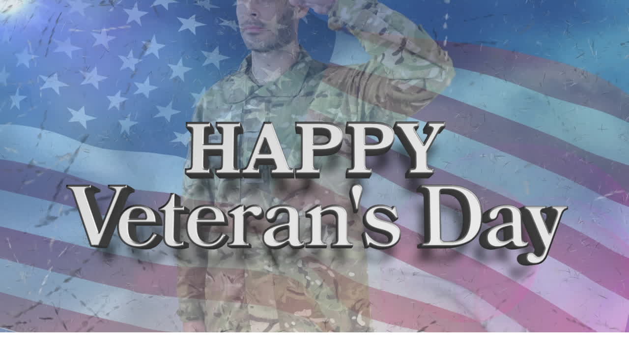 Happy veterans day text over caucasian soldier saluting against waving american flag