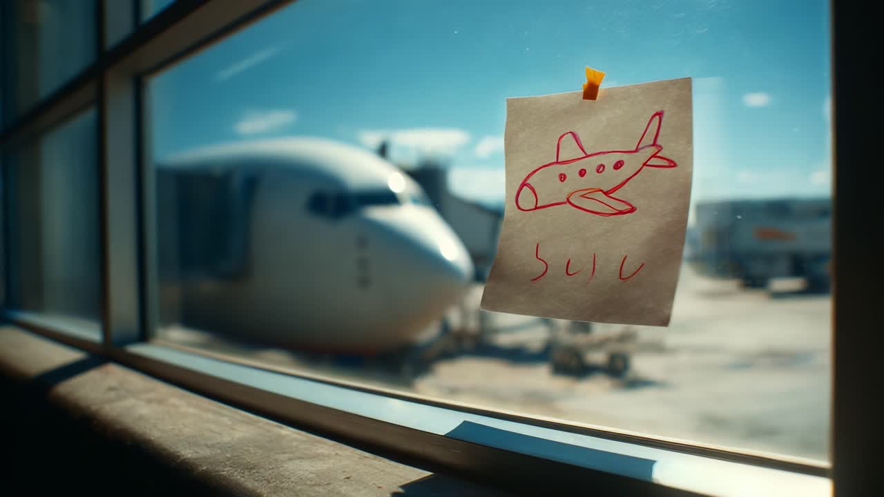A Creative Representation of Travel: A Plane Drawing on a Sticky Note Captured Through a Terminal Window, with an Airplane Just Beyond, Evoking Wanderlust and Adventure
