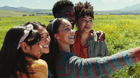 selfie, friends and peace sign with a group