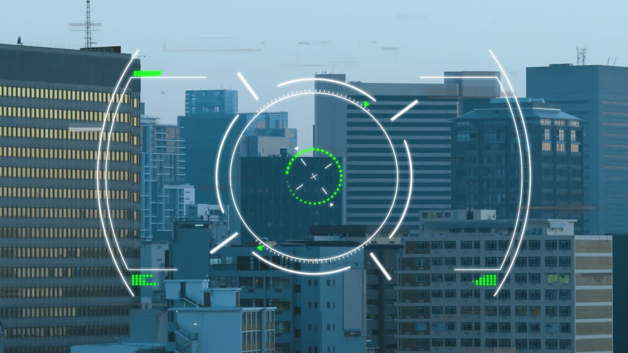 A cityscape with modern buildings and a cloudless sky