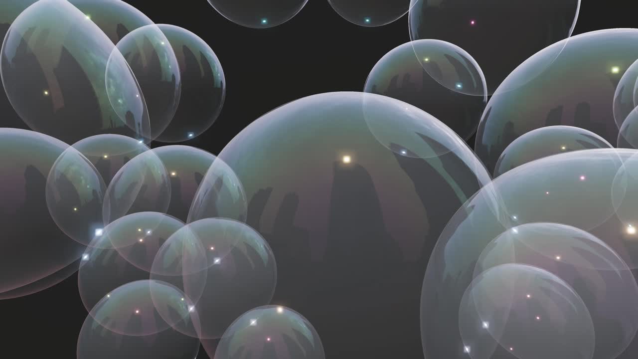 Bolle di sapone trasparenti e iridescenti fluttuano lentamente su uno sfondo scuro con scintillanti riflessi di luce