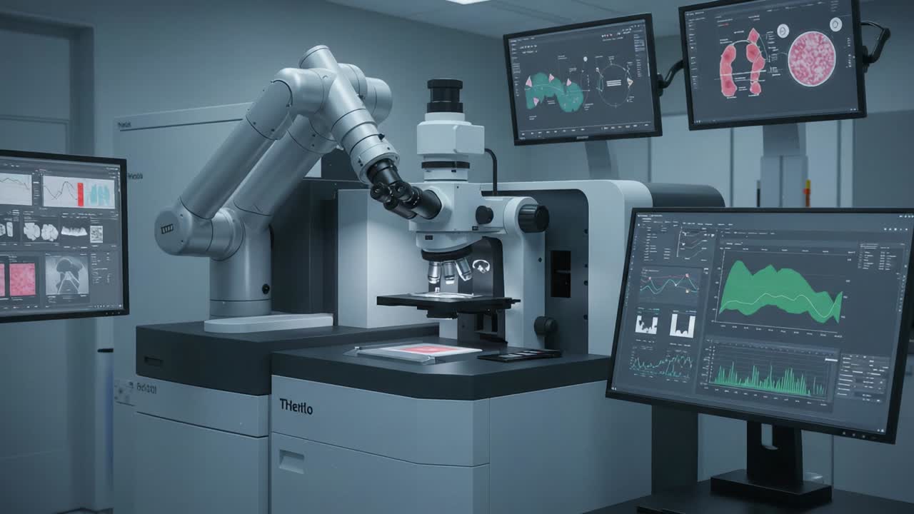 Advanced AI Robotics in Laboratory Settings: Automation and Data Analysis with Innovative Microscopic Technology for Cutting-Edge Scientific Research