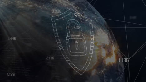 animation of connections with data processing and padlock icon over globe on black background