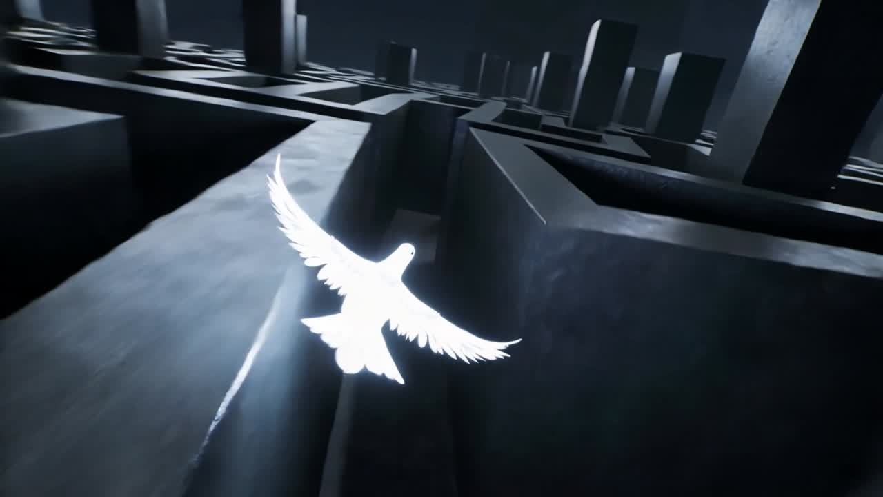 Uccello bianco luminoso che vola battendo le ali, salendo e navigando in un labirinto di cemento, addentrandosi.