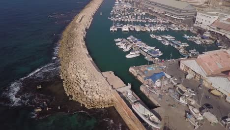 Aerial-Shot-of-The-Old-Port-of-Jaffa,-Israel