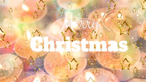 animation of snow and golden stars falling over merry christmas text banner and burning candles