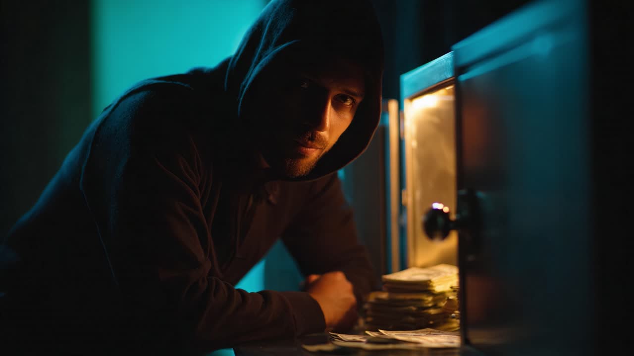 A Mysterious Figure in a Hood Examines Stacks of Cash Inside a Dimly Lit Safe, Highlighting Themes of Intrigue and Suspense in a Crime-focused Narrative