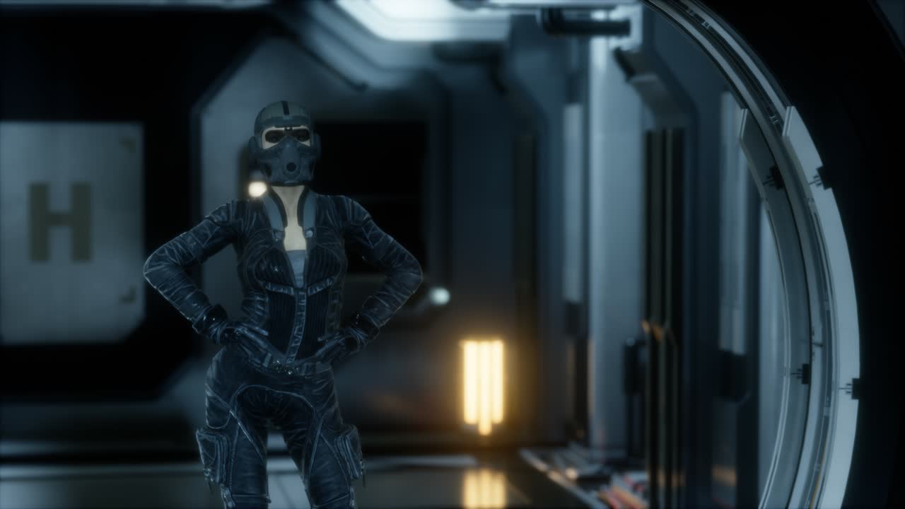 mujer steampunk en una nave espacial futurista