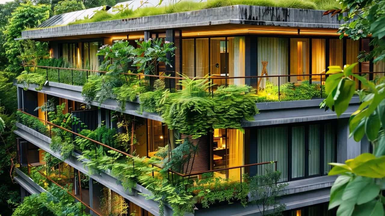 Modern Building with Green Roof and Vertical Gardens