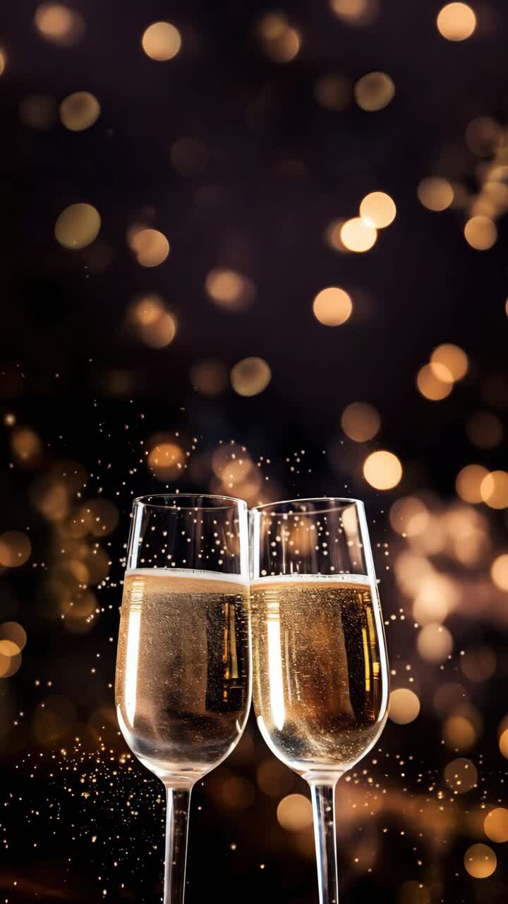 Due calici di champagne si toccano in un brindisi celebrativo. Ripreso da un angolo laterale, il video mostra