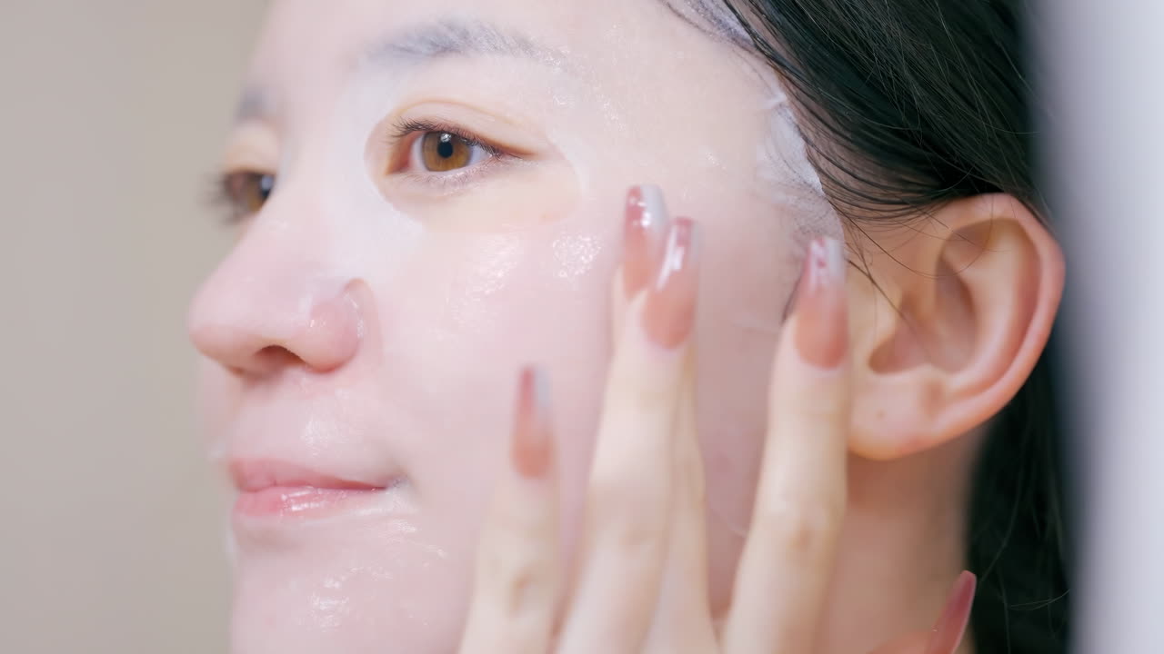 젊은 여성이 얼굴에 로션 시트 마스크를 바르거나 스킨케어 화장품을 사용하고, 세럼으로 얼굴을 마사지하며, 손가락으로 뺨에 크림 타입의 페이셜 스킨케어를 하는 모습