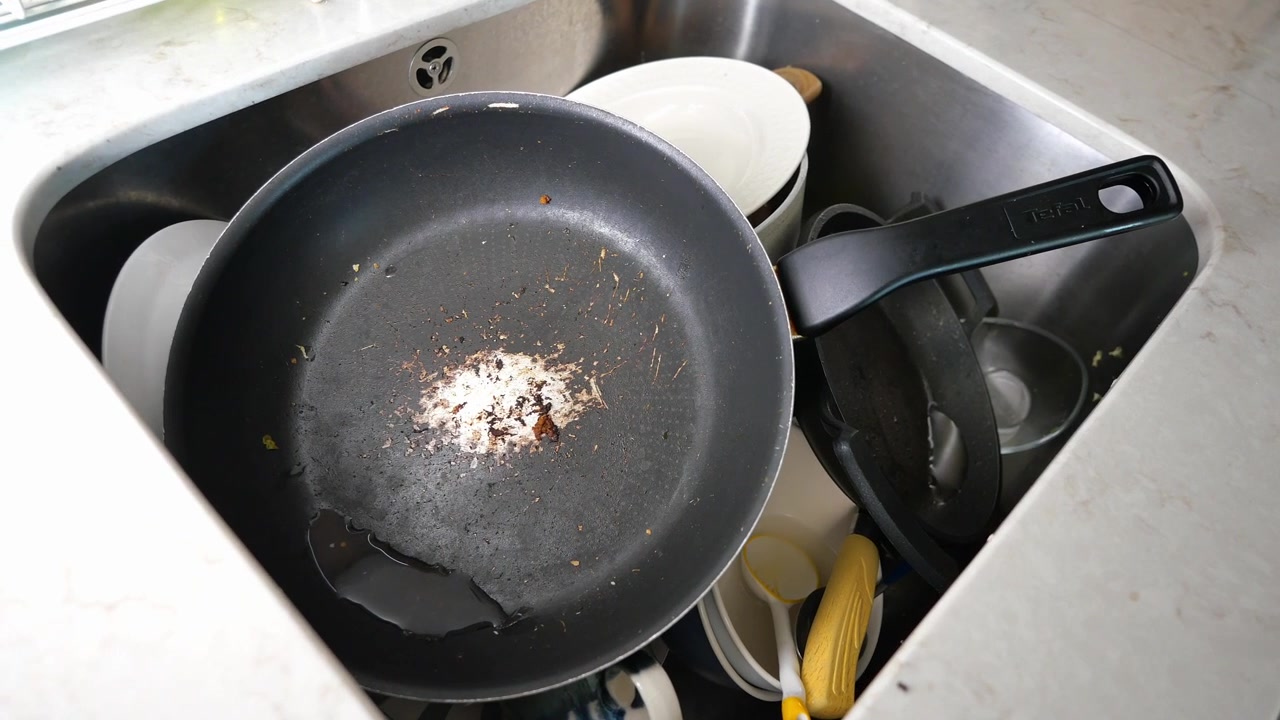 Dirty Frying Pan in Kitchen Sink
