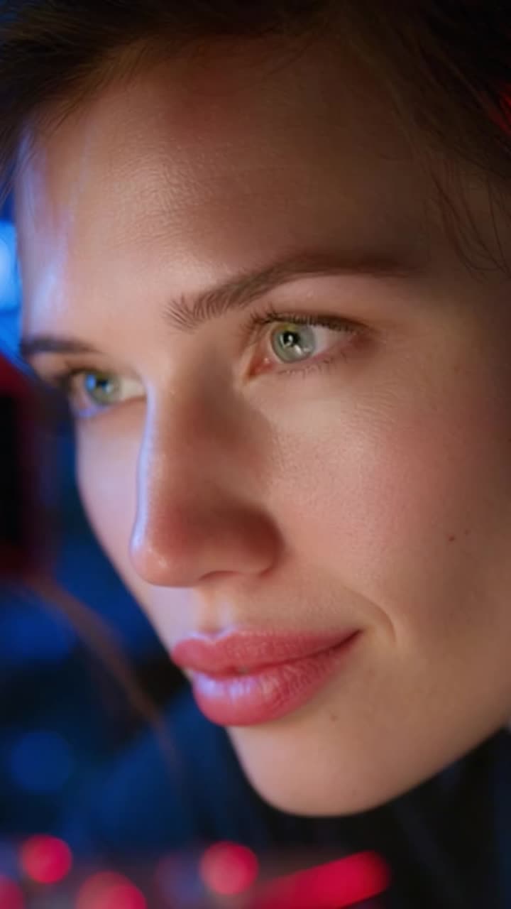 Captivating Close-up Portrait of a Young Woman with Striking Green Eyes and a Subtle Smile Against a Dynamic Colorful Background
