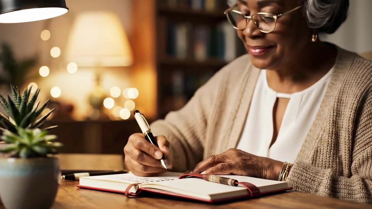 Senior Woman Writing in a Journal at Home