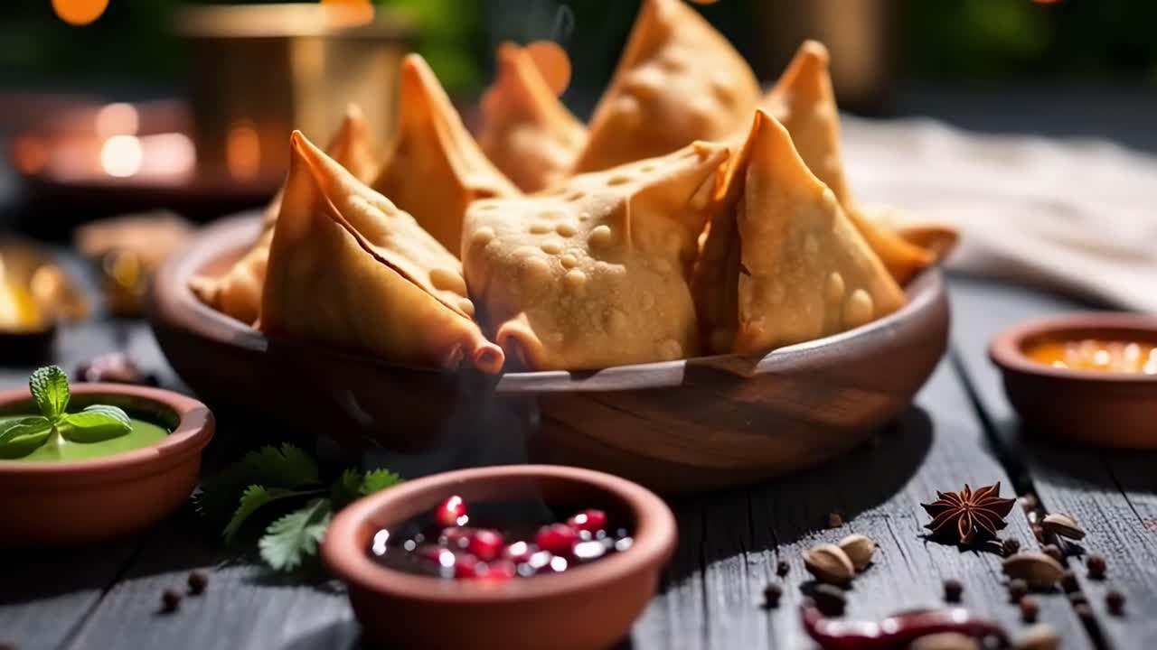 Video ravvicinato di samosa in una ciotola di legno, ripreso a livello degli occhi, con uno stile rustico