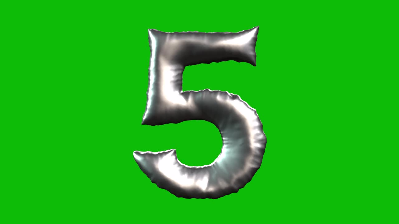 Animazione 3D di un palloncino numero 5 in lamina argentata che si gonfia, ruota e appare su uno schermo verde. Ideale per celebrazioni, feste, compleanni e progetti di editor di video