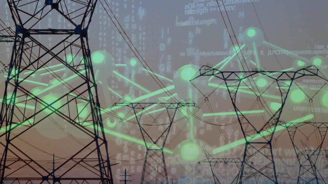 Dusk light shifting pylons staying still as teal nodes emerging pulsing linking mapping grid links