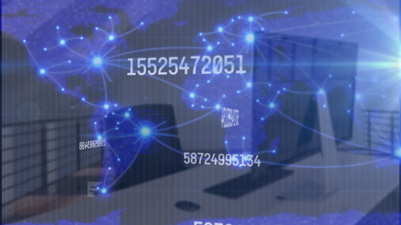 animación de números cambiantes y senderos de luz brillante sobre el mapa del mundo contra el escritorio de la oficina