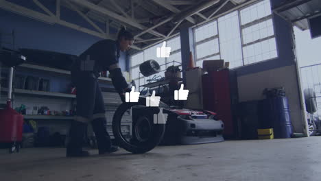 woman mechanic lifting car tire in automotive garage, with animated gauge icons showing pressure