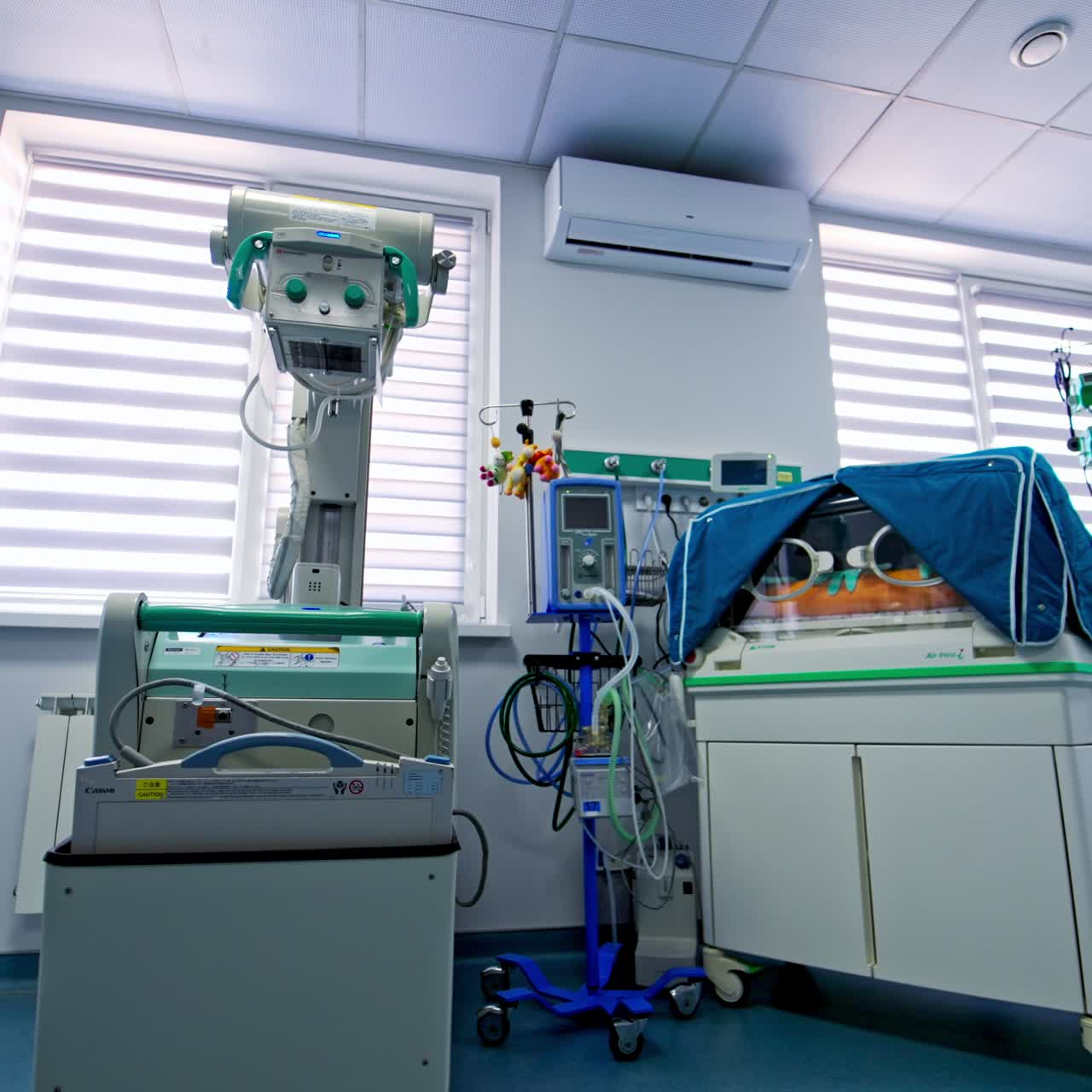 Technological equipment for pediatric resuscitation room in modern maternity hospital. Low angle view