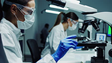 scientists working with microscopes in a modern laboratory