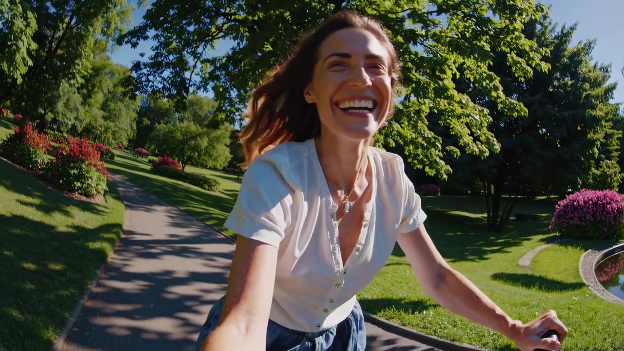 Punto di vista di una donna felice che ride mentre va in bicicletta in un parco soleggiato