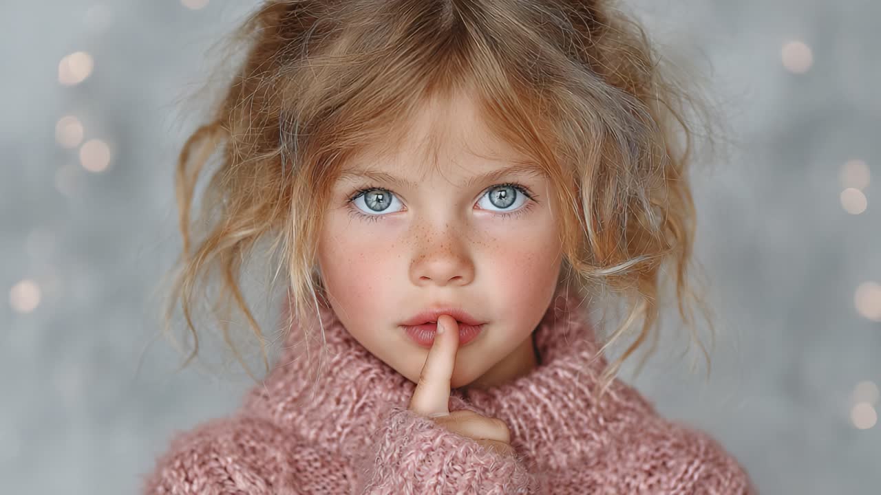 A charming young girl with enchanting blue eyes and a playful expression, wearing a cozy pink sweater, playfully asking for silence while posing gracefully amidst a blurred sparkling background