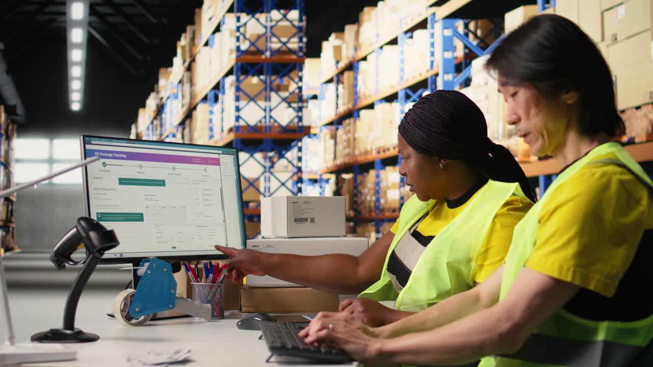 Vertical Video African american and asian workers reviewing shipment route and details