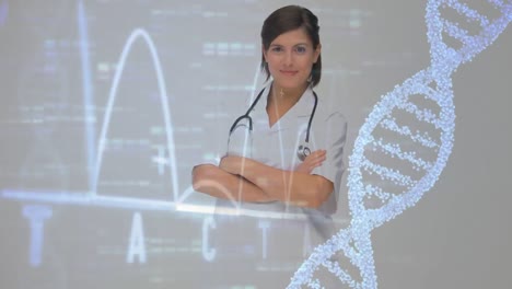 DNA-Molekül-Und-Datendiagramme-Auf-Einem-Schwarzen-Bildschirm-Mit-Einer-Lächelnden-Ärztin-Im-Vordergrund