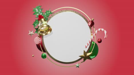 animación de marco circular con espacio de copia y decoración navideña en fondo rojo.