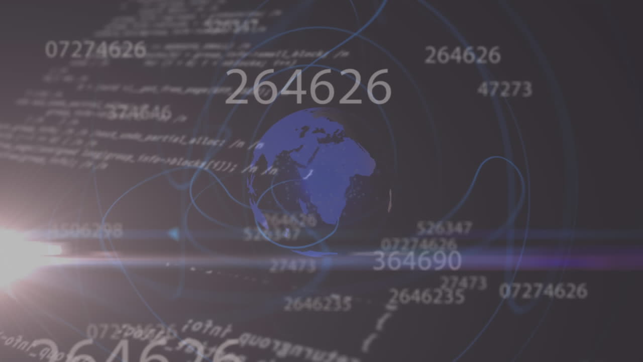 Animation of light, numbers, globe and data on dark background