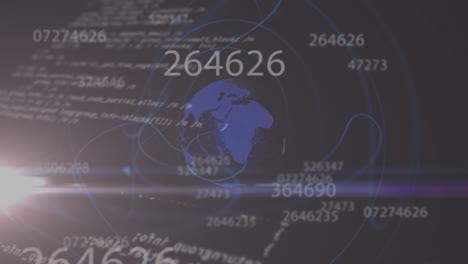 animation of light, numbers, globe and data on dark background