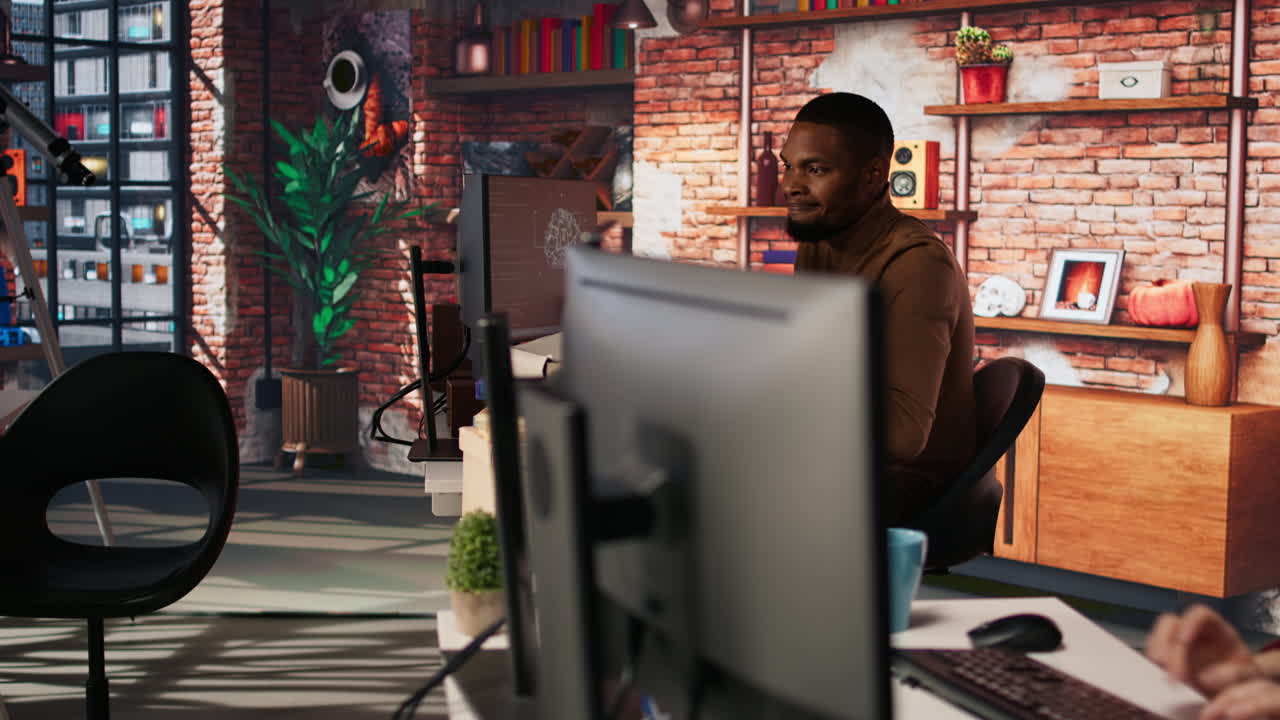 Upset programmer annoyed by computer bugs while coding in IT startup office