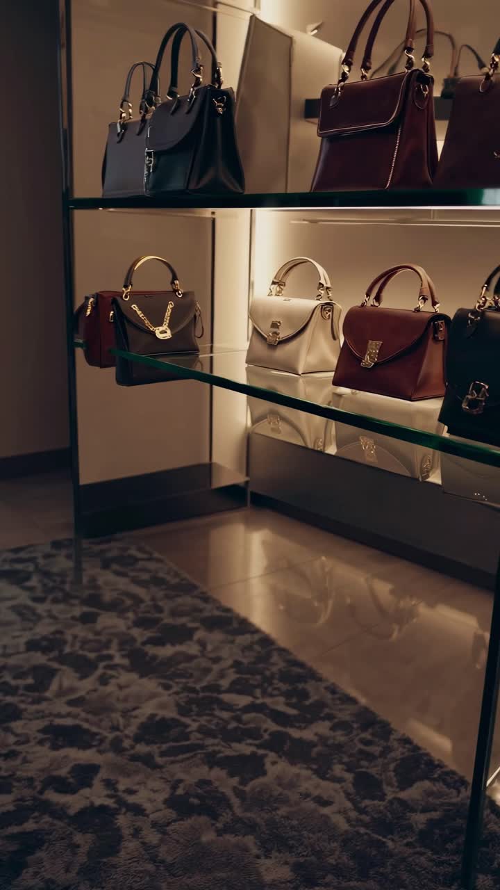Video showcasing luxury handbags on glass shelves at eye level, highlighting elegant design