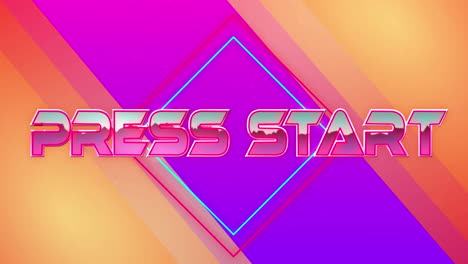 animation of press start in pink metallic, over neon lines on orange and purple