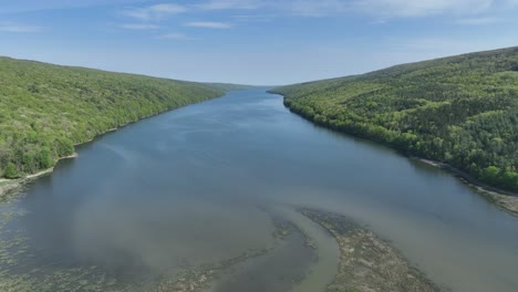 vista aérea de un lago sereno rodeado de exuberantes bosques verdes