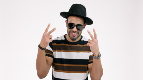 Fashion,-peace-sign-and-man-with-sunglasses