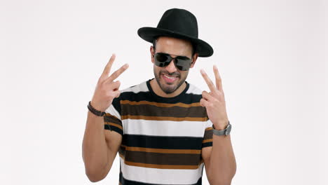 fashion, peace sign and man with sunglasses