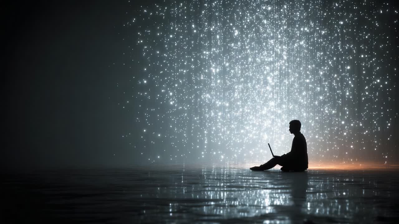 A contemplative figure sits silently with a laptop against a backdrop of shimmering stars, embodying the convergence of technology and tranquility in a luminous digital dreamscape