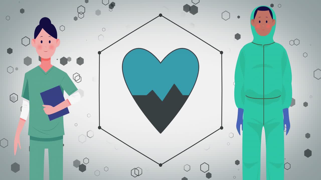백색 바탕에 안전복과 심장을 입은 의사들의 애니메이션