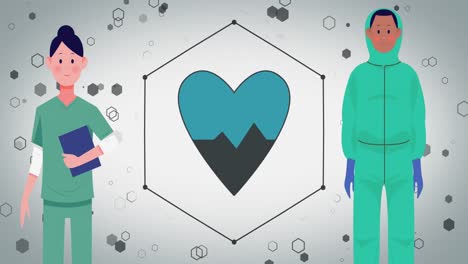 animation of doctors with safety suits and heart on white background