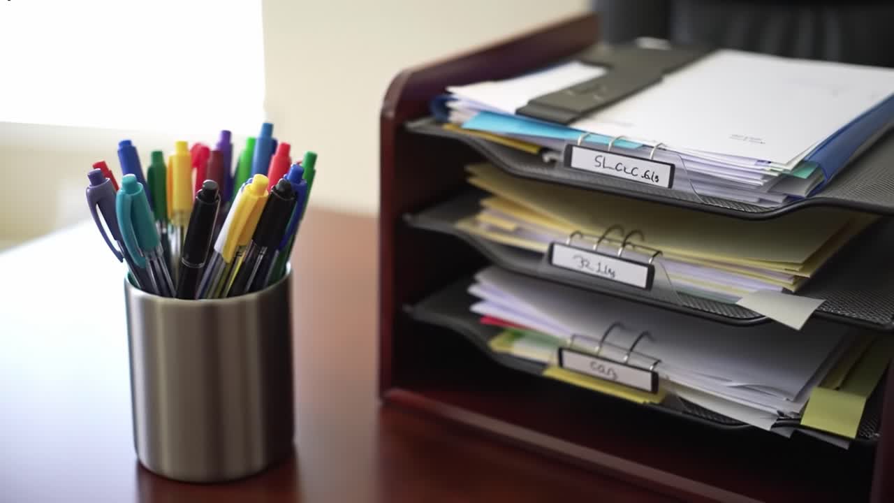 Organized Office Workspace Featuring Colorful Writing Instruments and Neatly Stacked Folders with Labeled Sections for Efficient Document Management and Easy Accessibility