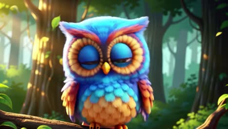 adorable cartoon owl with colorful feathers posing in a lush forest setting, displaying a quirky expression and big, engaging eyes in the warm sunlight