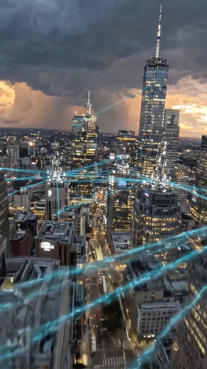 Uma vista deslumbrante de uma paisagem urbana moderna ao anoitecer, mostrando arranha-céus altos interconectados por trilhas de luz azul vibrantes, ilustrando o pulso da vida urbana.