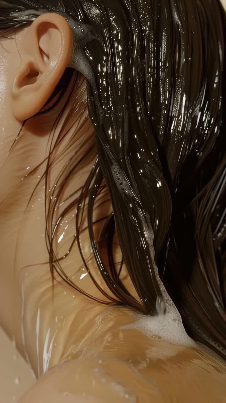 Angolazione video ravvicinata di capelli bagnati con schiuma, che mette in risalto la texture e la lucentezza